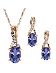 1.46 Ct Oval Blue Tanzanite Gold Plated Silver Pendant Earrings Set