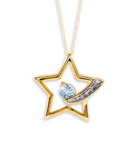 10k Yellow Gold Round Blue Topaz Diamond Star Necklace