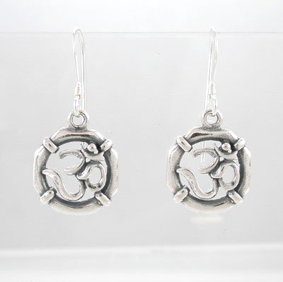 Sterling Silver Round Om or Aum Dangle Earrings