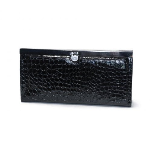 Black Crocodile Print Embossed Faux Patent Leather Wallet - Ladies Fashion Wallet