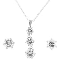 Sterling Silver With Cubic Zirconia 3 Stone Necklace & Round Earring Set - Silver/White ( 18" )