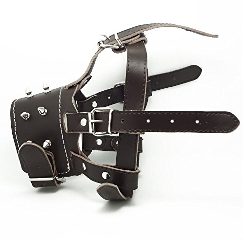 Spiked Gray Leather Pet Dog Muzzle Adjustable Pitbull Terrier Doberman Husky Harness Color:Brown