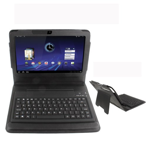 Goldensunsky New Black Wireless Bluetooth 2.0 Silicone Keyboard Foldable Leather Folio Stand Holder Protective Case Bag Cover for Motorola Xoom Tablet