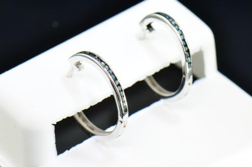 10K White Gold Blue Diamond Hoop Earrings 1/10 Cttw