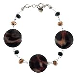 Chuvora Mother of Pearl Tiger Print Round Disc Gold and Black Crystal Bracelet with Lobster Claw Clasp 7''-8'' Fashion Jewelry for Women