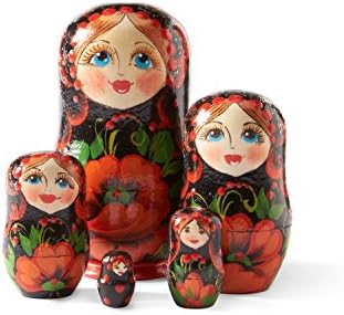 Authentic Wooden Russian Nesting Dolls Matreshka 5pcs Hand Painted - Red Poppies