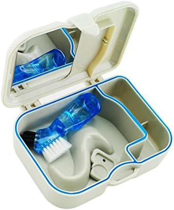Denture Container with Mirror and Brush Cleaning Tool Grey White Color Dental Appliance Capable of Soaking a Complete Upper and Lower Denture