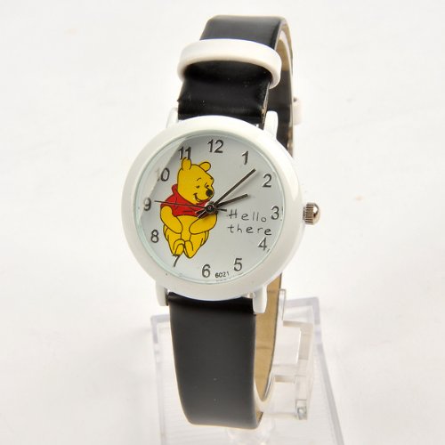 Winnie The Pooh Round Face Quartz Wristwatch Faux Leather Band Black