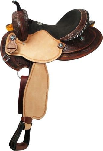 15", 16" Double T Barrel Style Saddle with Round Skirt. Semi Quarter Horse Bars (15")