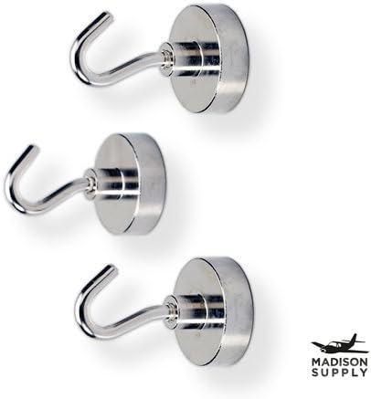 Madison Supply, 30 Pound, Strong Neodymium Magnet Hooks, Ultra Heavy Duty Magnetic Hook (3-pack) (30 Pound)