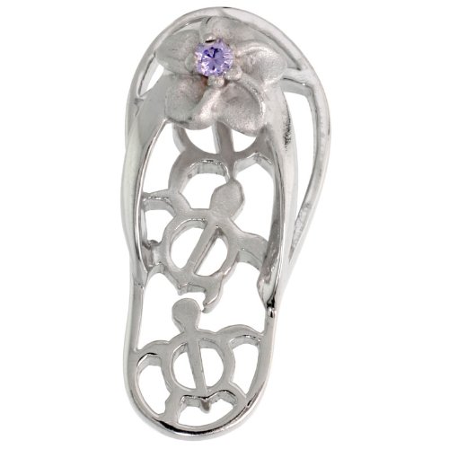 Sterling Silver Hawaiian Plumeria w/ Honu Sea Turtles Flip Flop Slippers Pendant, w/ Brilliant Cut Alexandrite-colored CZ Stone, 1