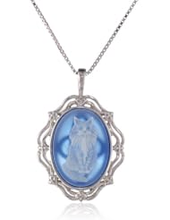 Sterling Silver Blue Agate Cat Cameo Pendant Necklace, 18"