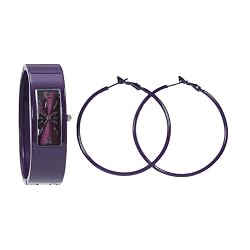 New Women's Purple Alloy Metal Bangle Watch with Matching Purple Earrings Gift Set