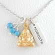 Small Sitting Laughing Buddha Pendant in Gold Vermeil and NAMASTE Tag in Sterling Silver with Accents of Turquoise Beads on an 18" Rhodium Ball Chain, #8345