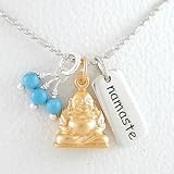 Small Sitting Laughing Buddha Pendant in Gold Vermeil and NAMASTE Tag in Sterling Silver with Accents of Turquoise Beads on an 18 Rhodium Ball Chain, #8345