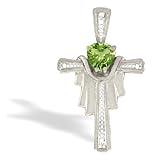 14K White Gold Genuine Heart Peridot and Diamond Cross Pendant
