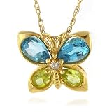 14K Yellow Gold Peridot & Blue Topaz Butterfly Pendant w/ 18 French Rope Chain