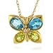 14K Yellow Gold Peridot & Blue Topaz Butterfly Pendant w/ 18 French Rope Chain