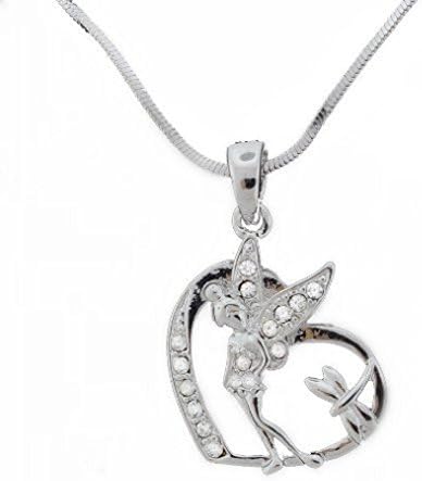 Crystal Fairy design Tinkerbell standing in a Heart Charm Pendant Necklace