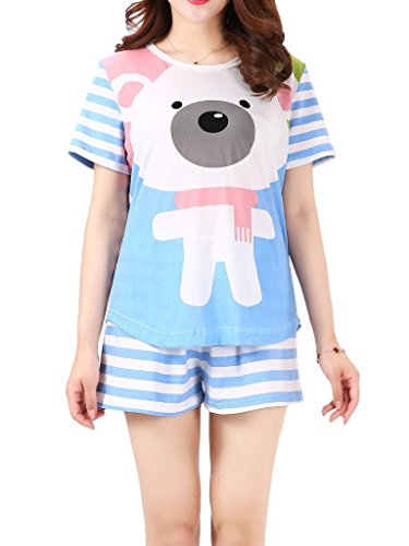 VENTELAN Women's Cute Bear Print Pajama Sets Round Neck Stripes Short Sleepwear