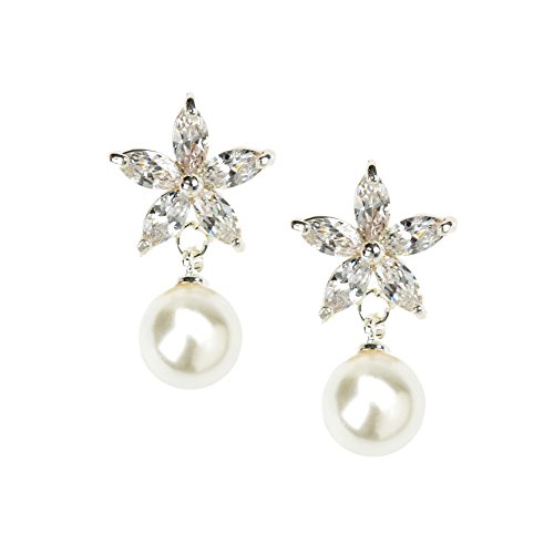 Tagoo Women's Alloy Glass Flower and Pearl Ball Drop Earrings