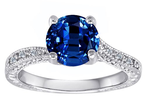 1.55 cttw 14k white gold plated silver Solitaire engagement Ring with Round Lab Created Sapphire and 6 genuine diamonds - Gold Plated Silver