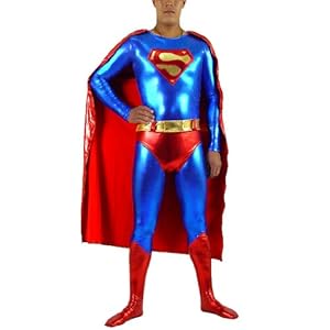 Mens Superhero Shiny Metallic Superman Zentai Catsuit With Cape Costumes,X-Large,Blue