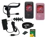 iShoppingdeals - Black/Pink Soft Skin Case + Car Charger + AC Travel Charger + Screen Protector + Armband + Beltclip + Fishbone Keychain for Creative Zen Mozaic EZ300 4GB/8GB/16GB