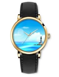 SPRAWL Aanalog Fashion Series Gold Ladies Watches of Genuine Black Leather Strap,Unique Wrist Watch for Women Girls Designed with Lighthouse at Sea