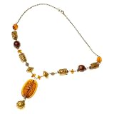 Brass Beaded Amber Glass Pendant Necklace