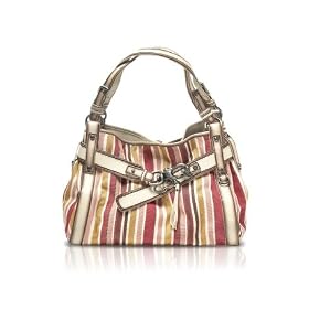 Francesco Biasia Sidney - Large Striped Cotton & Eco-Leather Satchel Bag Vanilla