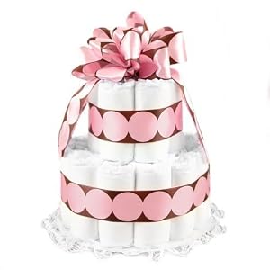 New Baby Girl Diaper Cake - 2-Layer Pink Polka Dots on Brown Ribbon - Great Baby Shower Gift Idea or Table Centerpiece