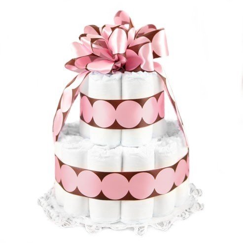 New Baby Girl Diaper Cake – 2-Layer Pink Polka Dots on Brown Ribbon – Great Baby Shower Gift Idea or Table Centerpiece