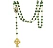 Celtic Rosary - Gold Toned Irish Celtic Cross with Green Glass Shamrock Beads and Enameled St. Patrick Medal Attached