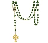 Celtic Rosary - Gold Toned Irish Celtic Cross with Green Glass Shamrock Beads and Enameled St. Patrick Medal Attached