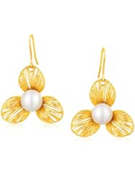 Italian Design 14K Yellow Gold Filament Trefoil Pearl Earrings