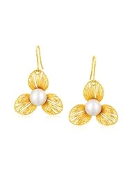 Italian Design 14K Yellow Gold Filament Trefoil Pearl Earrings
