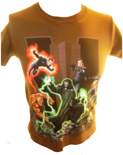  Fantastic Four Mens T-Shirt - Marvel Comics Heroes vs Dr Doom on Brown