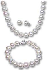 White Cultured Pearl Strand Princess Necklace, Bracelet & Earrings Silver Set 18"