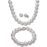 White 10-11mm AA+ Cultured Pearl Strand Princess Necklace 18", Bracelet & Earrings Platinum Overlay Sterling Silver Set