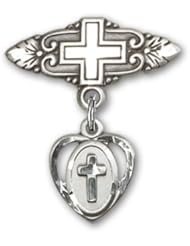 Sterling Silver Baby Badge with Cross Charm and Badge Pin with Cross