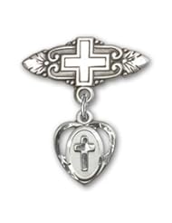 Sterling Silver Baby Badge with Cross Charm and Badge Pin with Cross