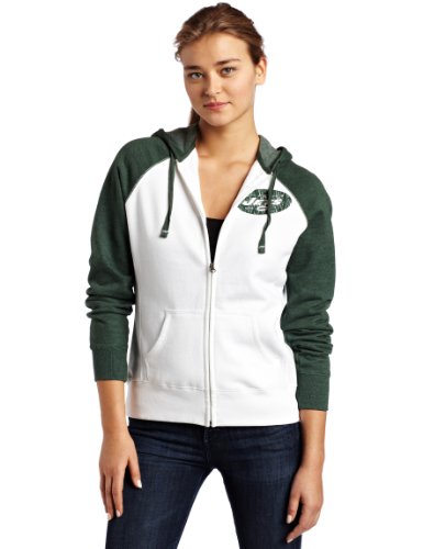 NFL Women's New York Jets Sport Princess Long Sleeve Raglan Full-Zip Fleece Hoodie (White/Dark Green Heather, Medium)