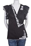 Ellison Cross Over Embroidered Eyelet Peasant Boho Blouse Wrap Top Black