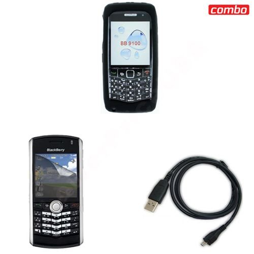 Blackberry pearl 9100 Combo Solid Black Silicon Skin Case Faceplate Cover + LCD Screen Protector + USB Data Charge Sync Cable for Blackberry pearl 9100