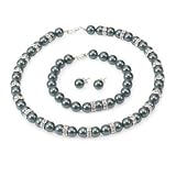 Genuine Swarovski Crystal Pearl Royal Necklace/Bracelet/Earring Set with All Around Rondelles- Tahitian - 8mm