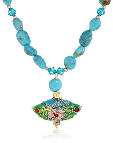 Chinese Turquoise Nugget, Crystallized Swarovski Elements Beads and Cloisonne Drop Necklace with Gold Plated Sterling Silver, 18"