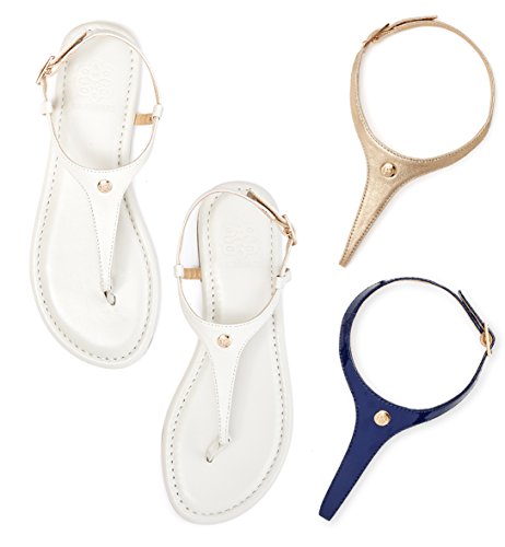 Cambiami - Leather T-strap Slingback Flat Sandals - Includes THREE Strap Sets (White, Navy, & Gold)