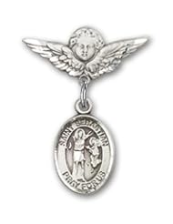 Sterling Silver Baby Badge with St. Sebastian Charm and Angel with Wings Badge Pin