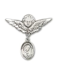 Sterling Silver Baby Badge with St. Philomena Charm and Angel with Wings Badge Pin